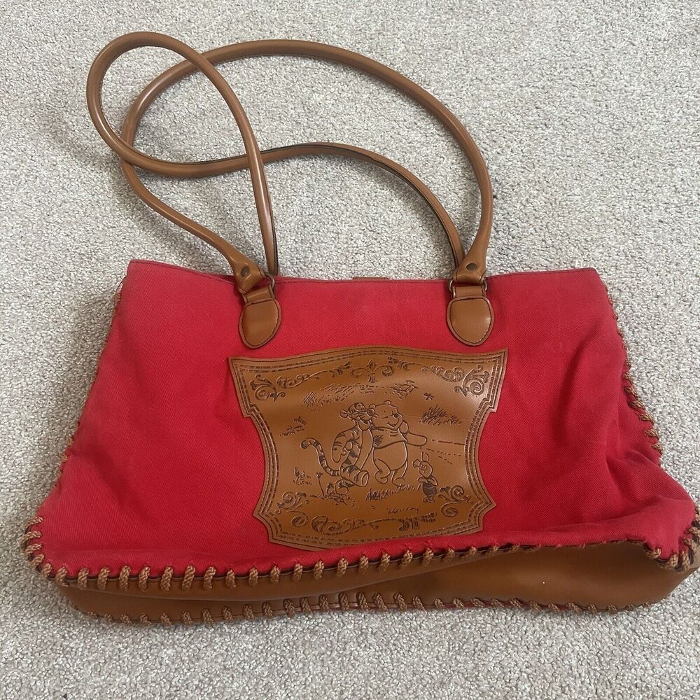 Disney Winnie The Pooh Red Canvas Purse Bag Leather Crest Detail Pooh & Tigger